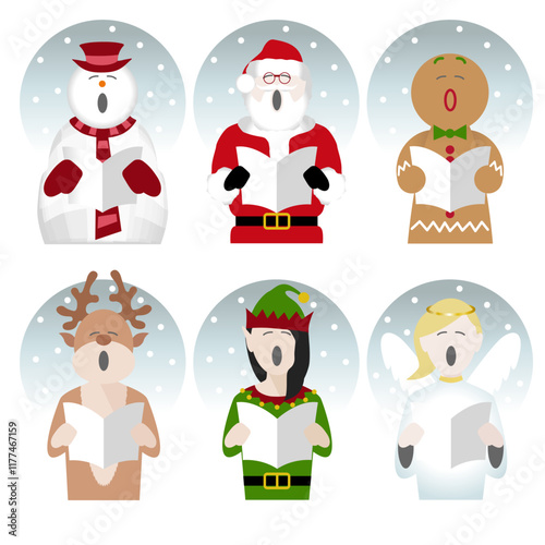 Christmas character icons singing in the snow
