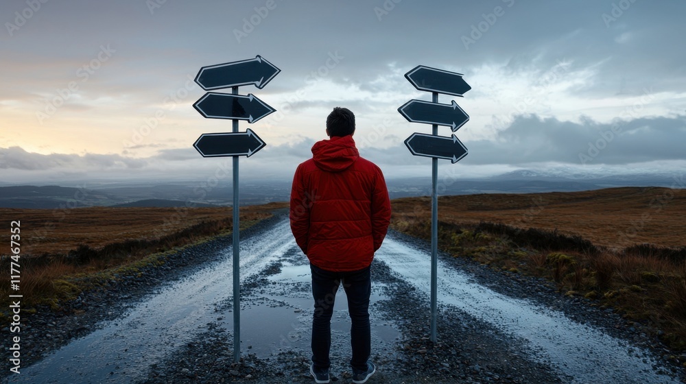 Obraz premium A man in a red jacket stands in front of two road signs, one pointing left