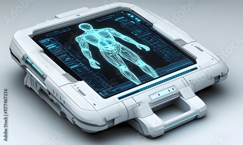 Futuristic portable medical scanner displaying a human body's anatomy.
