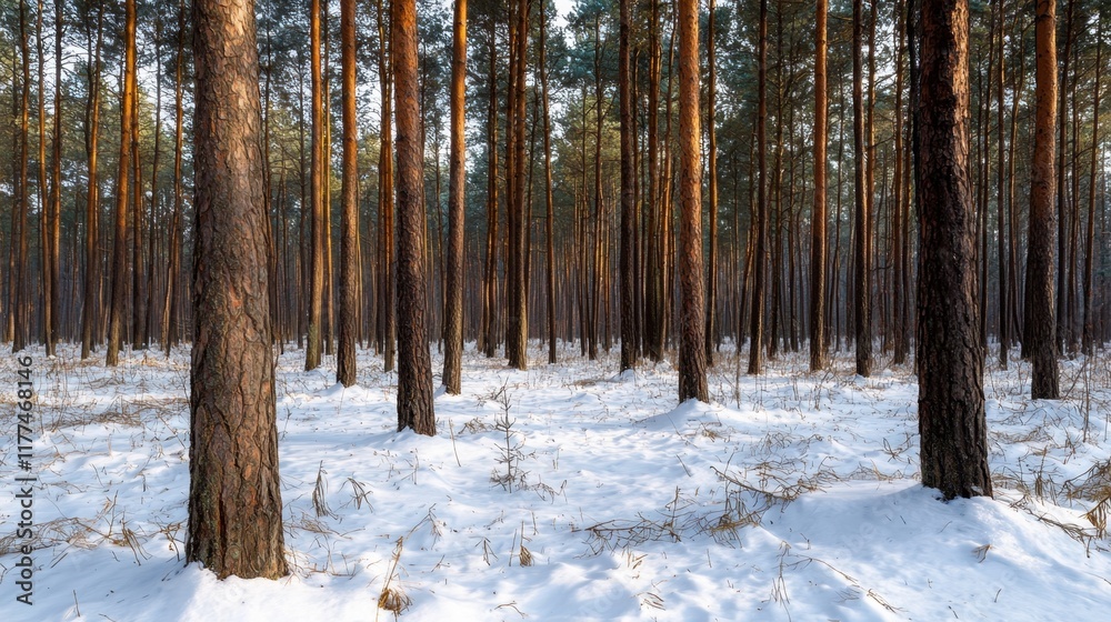 Fototapeta premium A forest with snow on the ground and trees