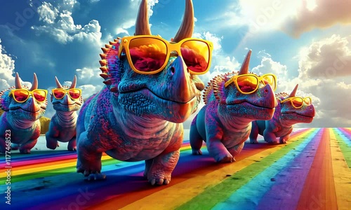 a group of triceratops wear sunglasses walking in the nature