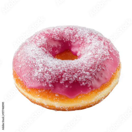 a delicious pink frosted donut. covered in a light dusting of sugar. showcasing a soft. fluffy texture and a vibrant appearance that appeals to sweet lovers perfect for breakfast or a treat. this donu photo