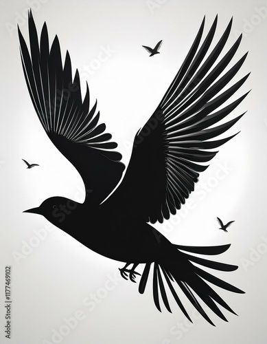 Flying birds silhouettes on white background. Generated image photo