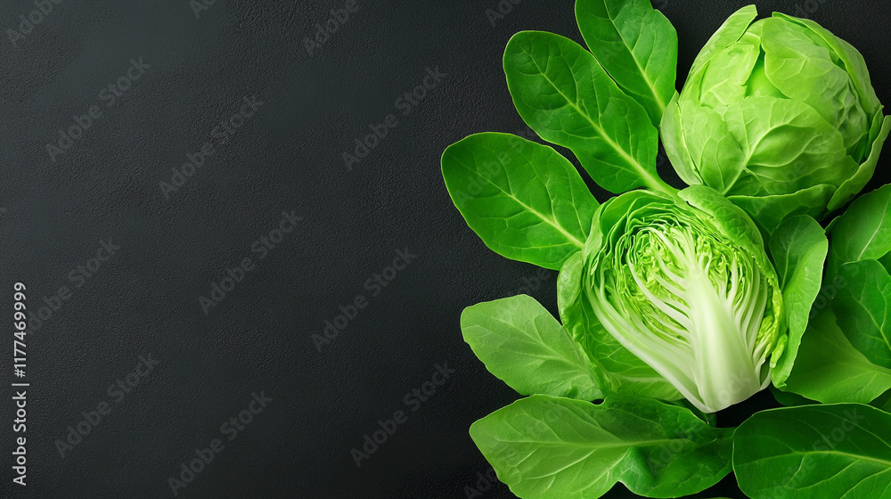 Obraz premium Fresh green lettuce leaves on dark background, top view, healthy eating concept.