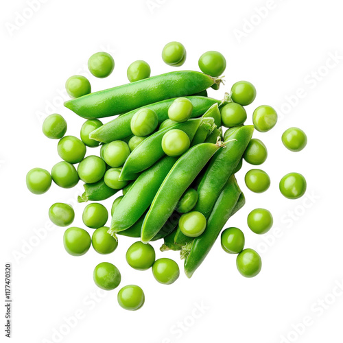 collection of fresh green peas. including whole pods and individual peas. arranged in a visually appealing manner this composition highlights the vibrant color and natural texture of the peas. suitabl photo