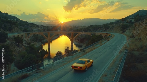 Yellow car drives along a winding road under a bridge at sunset over a valley.