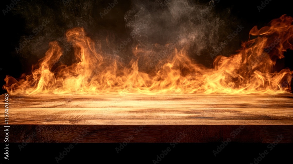 Fototapeta premium A dramatic image of a blank wooden table with fire burning at the edge, sending sparks and smoke into the air