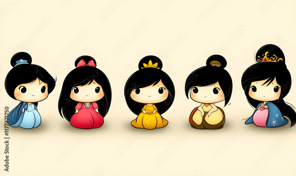 Fototapeta premium Adorable illustration of five kawaii princesses in traditional Asian-inspired dresses, perfect for children's books, websites, or social media.