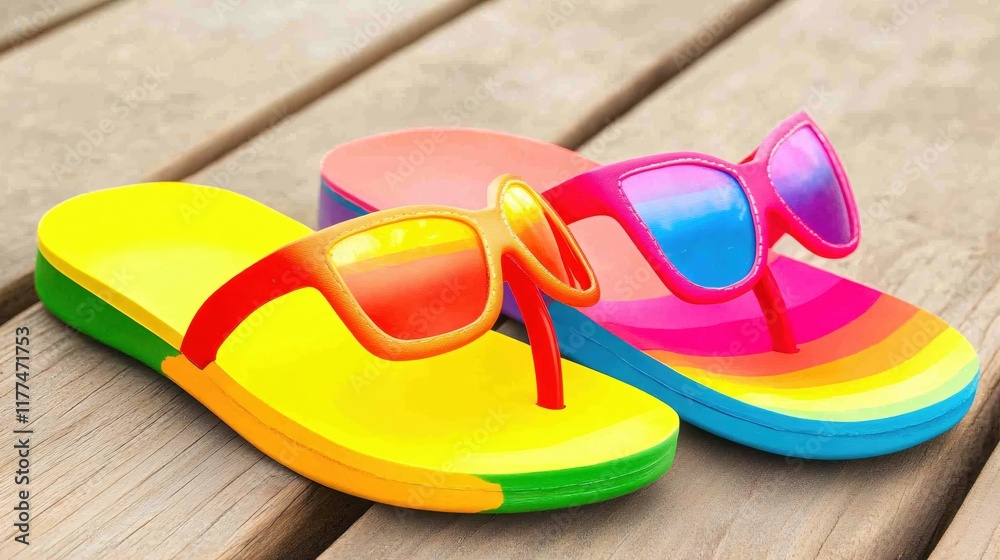 Colorful Flip Flops with Sunglasses on a Wooden Surface for Summer Vibes Colorful Flip Flops with Sunglasses on a Wooden Surface for Summer Vibes