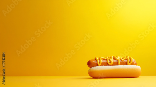 Hot dog with mustard on bright yellow background, minimalistic food concept. photo