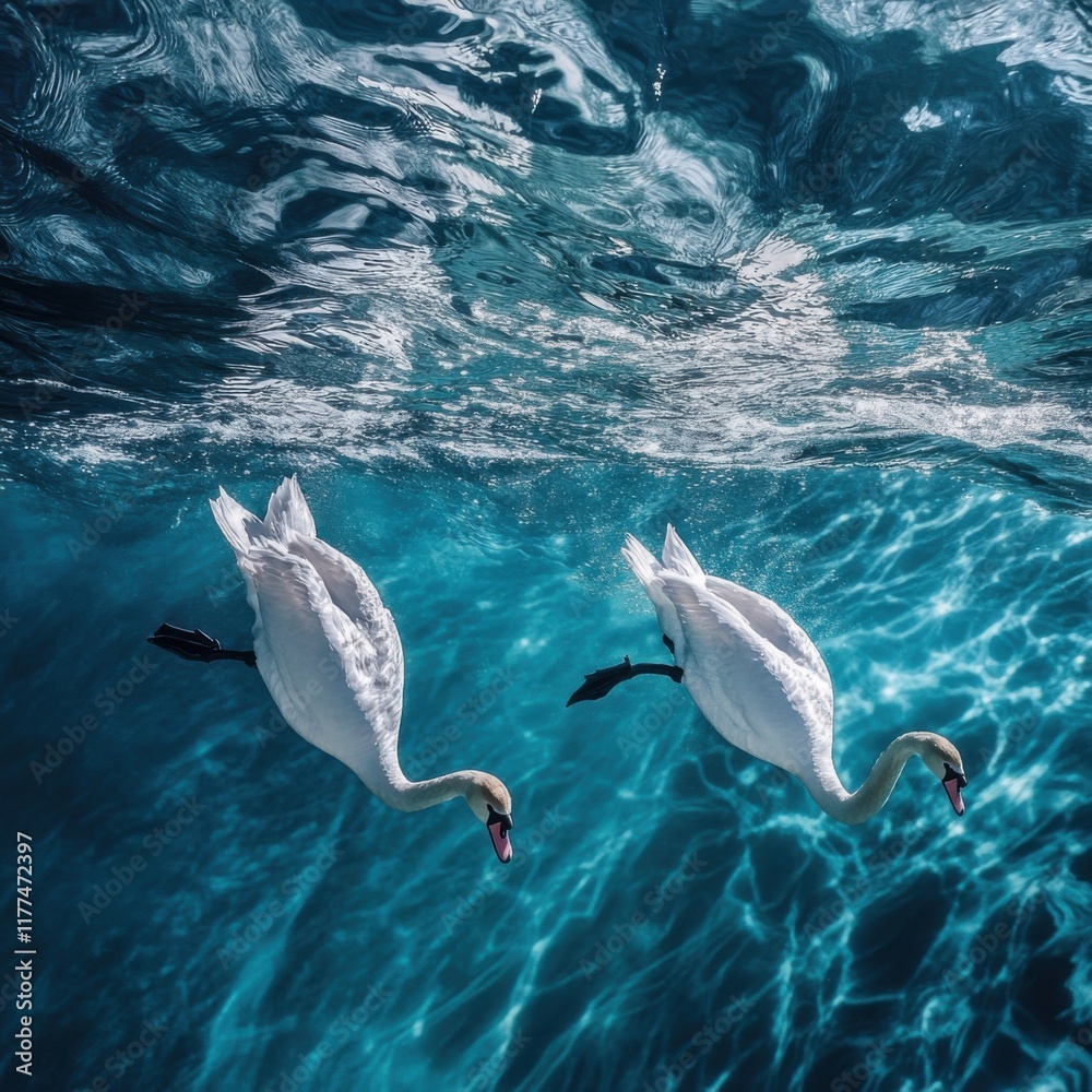 Fototapeta premium Underwater Elegance Two Graceful Swans Swimming in Crystal Clear Turquoise Water