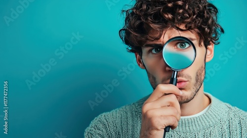 A funny portrait of a man standing against a plain blue backdrop, holding a magnifying glass up to his eye as if on a mission to investigate somethin photo