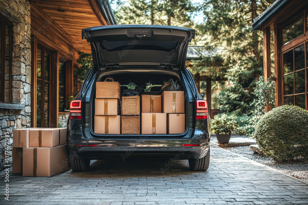 © eshana_blue - Home stuff packed in cardboard boxes and stacked in a car trunk ready to be moved to a new place.