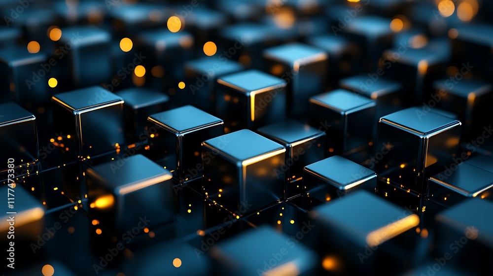 Fototapeta premium Abstract metallic cubes, glowing lights, digital background, technology concept.