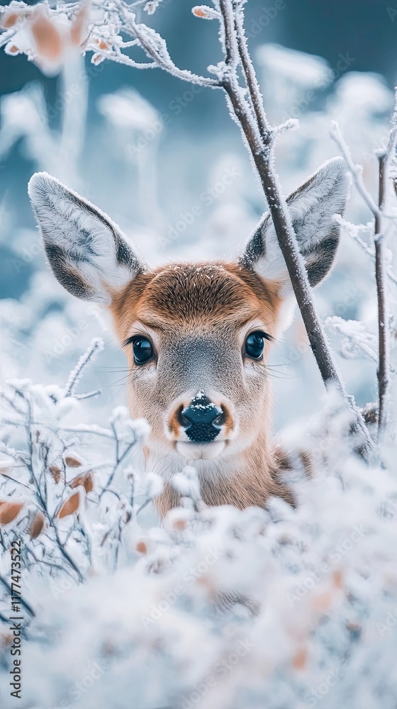 Young Deer Hidden In Snowy Winter Branches Young Deer Hidden In Snowy Winter Branches