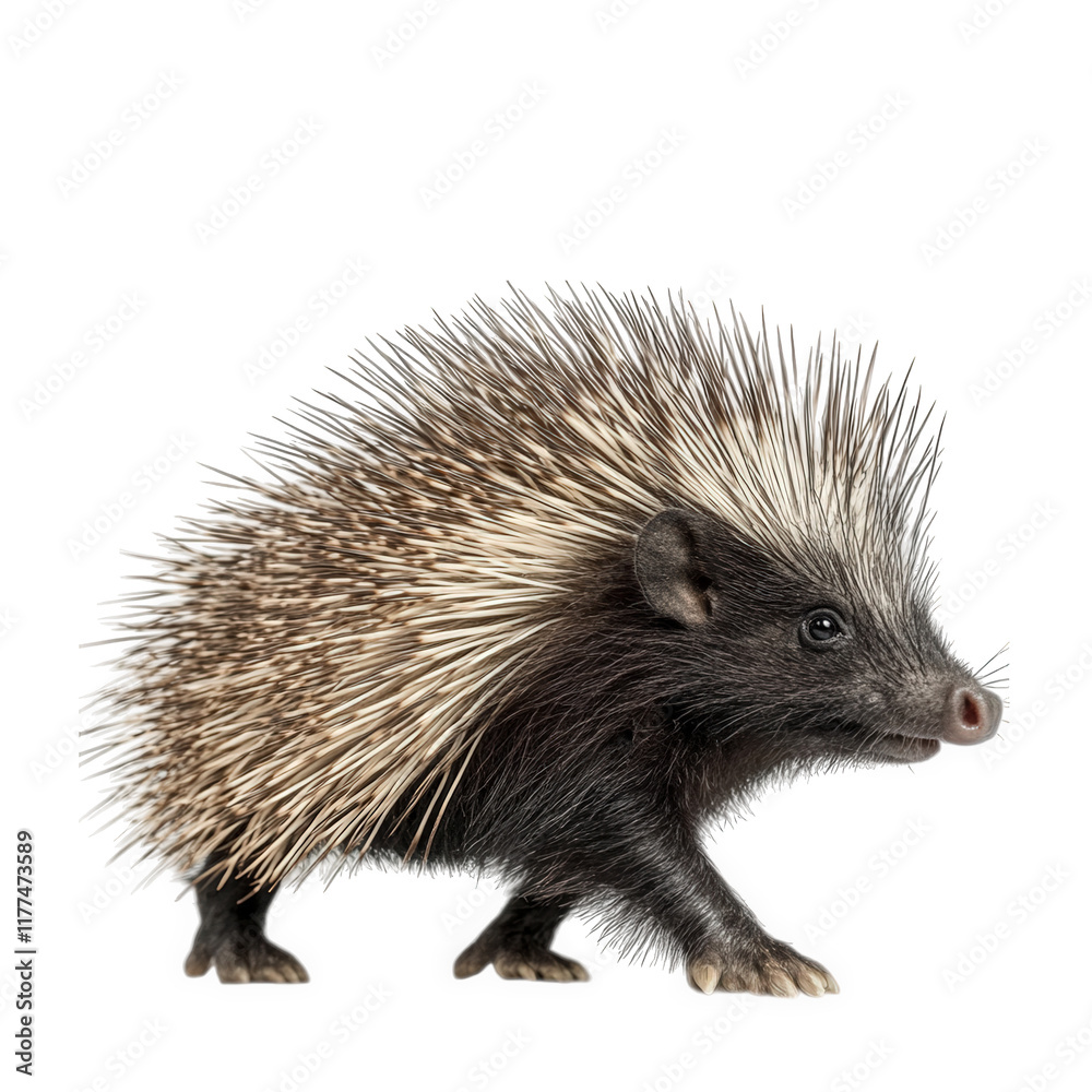 Fototapeta premium a side view of a porcupine showcasing its distinctive quills and small. rounded body against a plain white background animal's unique features and texture. making it suitable for educational or wildl