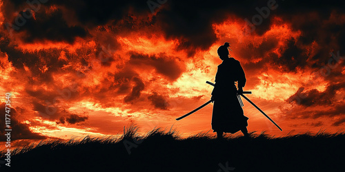 A lone samurai standing on a grassy hill at sunset, silhouetted against a dramatic red sky, evoking themes of honor and solitude. photo