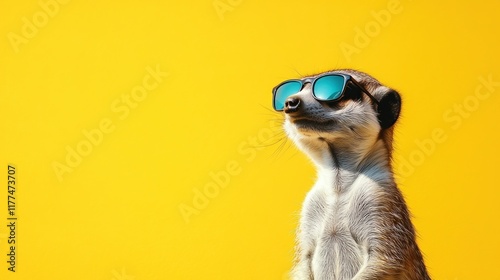 A playful meerkat wearing stylish glasses, standing upright against a vibrant yellow backdrop