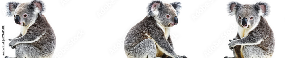 Naklejka premium a trio of koalas sitting against a white background. showcasing their distinctive features and playful demeanor charm of these marsupials. often associated with australia. and serves as an engaging v