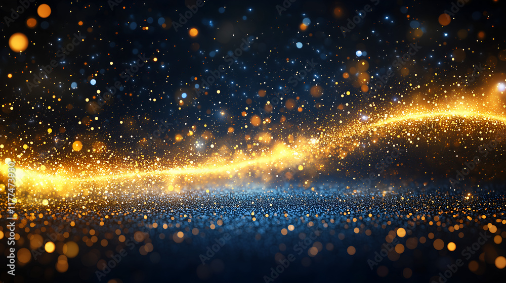 Obraz premium Abstract background with golden bokeh lights and stars on a blue, glittering stars dotted background.