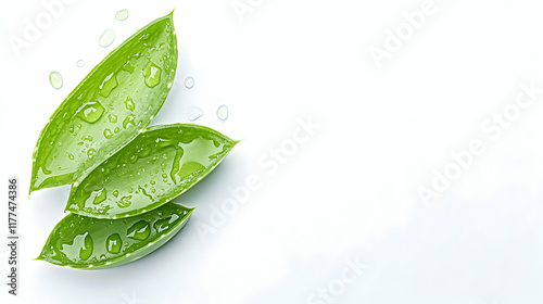 Fresh aloe vera leaves with water droplets on white background; perfect for skincare or health product advertisement.