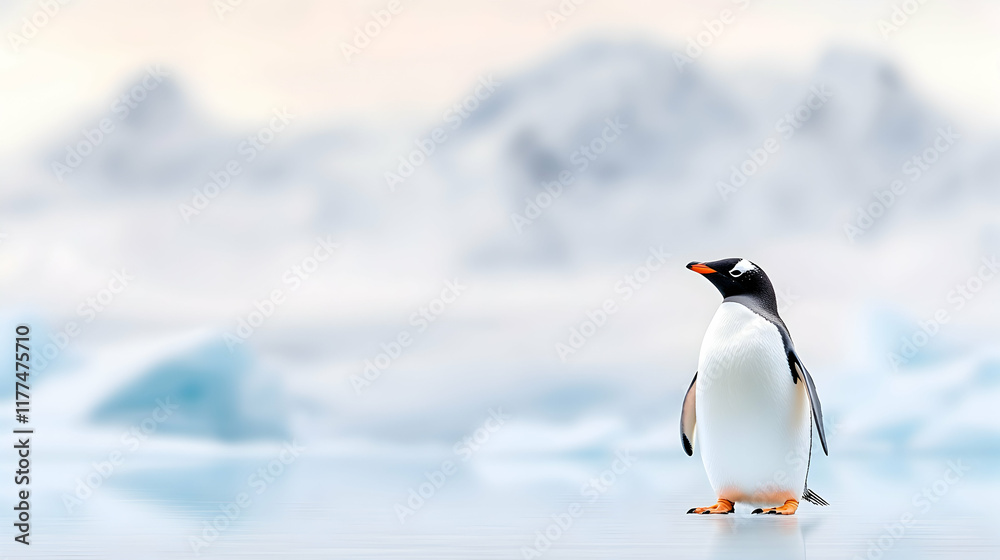 Obraz premium Gentoo penguin standing on Antarctic ice, mountains in background; wildlife, nature photography for travel brochures.