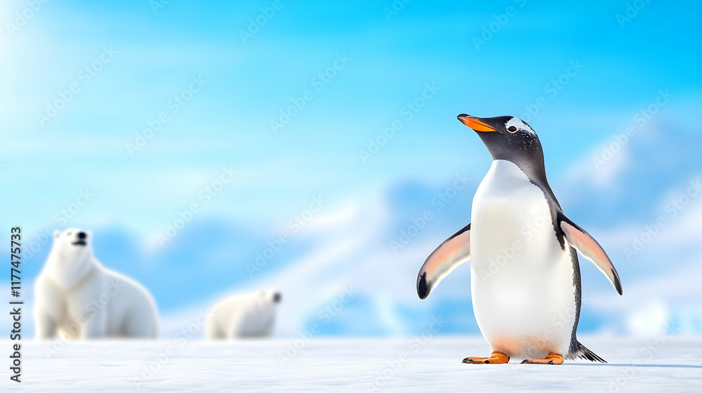 Naklejka premium Gentoo penguin on Antarctic ice, polar bears in background; climate change, wildlife conservation.