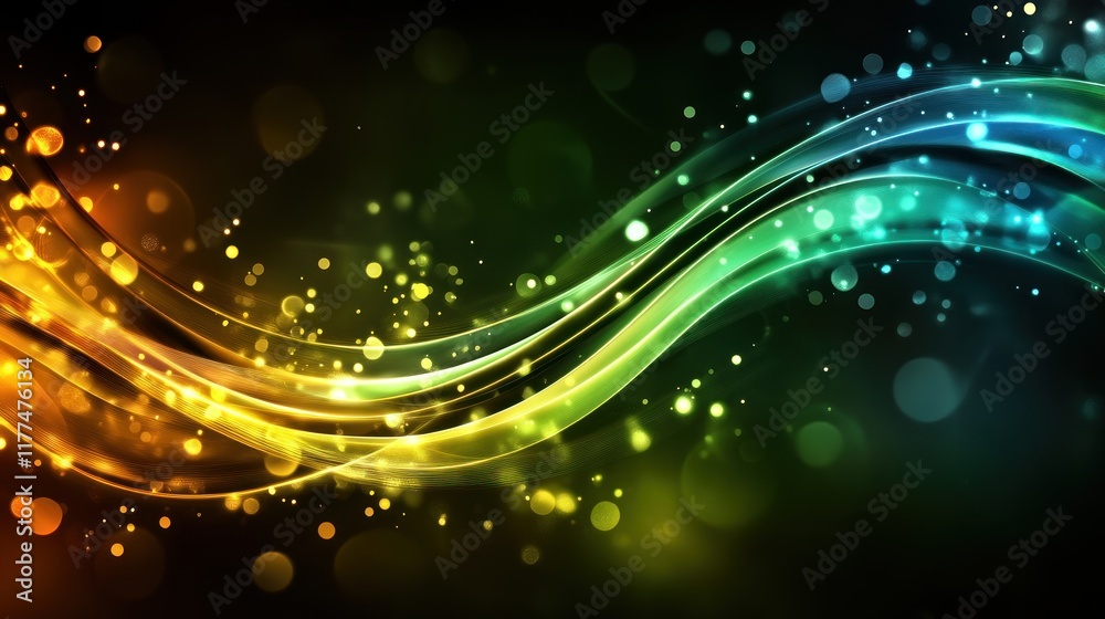 Obraz premium A stunning abstract background showcasing glowing neon wave lines in shades of green and blue, flowing at high speed through a dark space