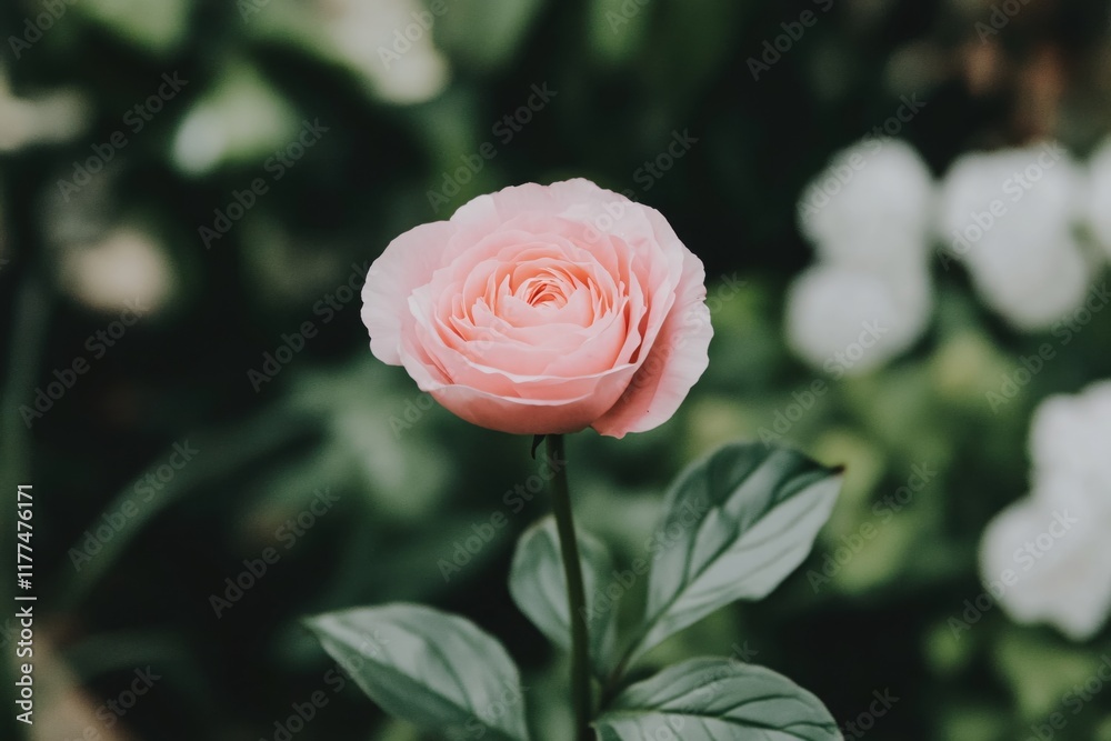 Beautiful Pink Rose in Full Bloom with Green Leaves Against a Soft Background Beautiful Pink Rose in Full Bloom with Green Leaves Against a Soft Background