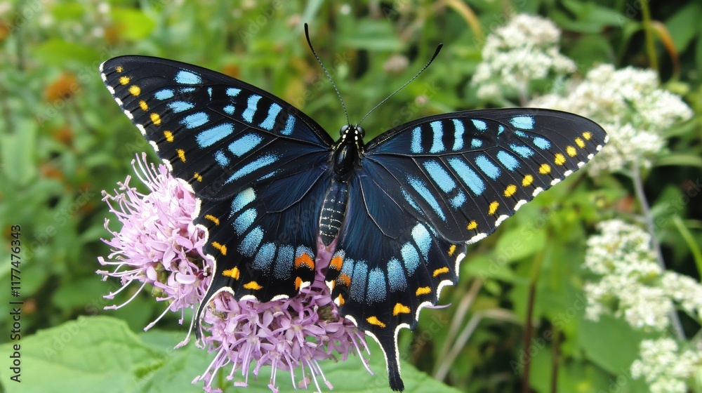 Naklejka premium Vibrant Black Butterfly with Blue and Orange Patterns on Flower in Nature