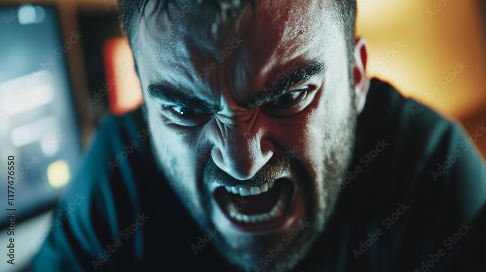 Handheld shot of gamer streaming multiplayer first person shooter angry after losing online tournament on gaming pc. Handheld shot of gamer streaming multiplayer first person shooter angry after losing online tournament on gaming pc.