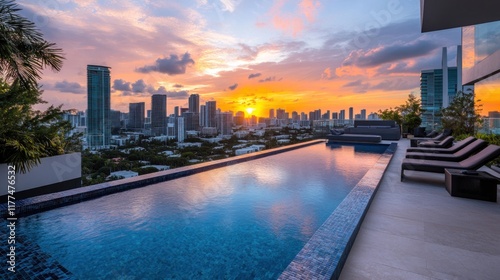 stunning modern villa with a sleek, contemporary design, featuring a private rooftop infinity pool that offers a breathtaking view of the Miami skyline in Florida