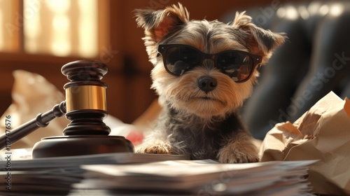 A small dog wearing sunglasses sits at a desk with a gavel and papers, exuding a humorous, lawyer-like demeanor. photo