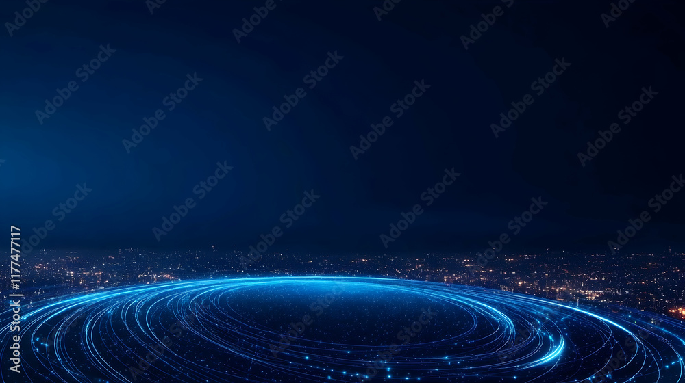 Fototapeta premium Glowing circular light trails over a cityscape at night; futuristic technology concept for websites or presentations.
