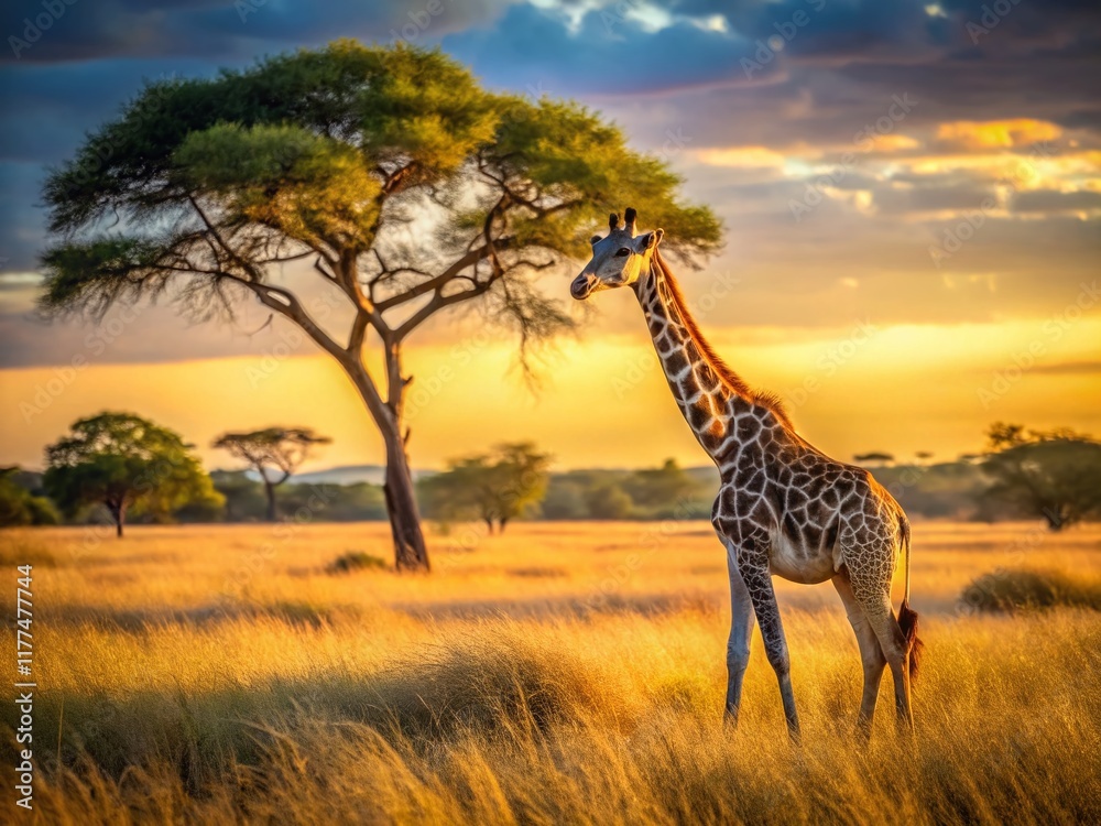 Fototapeta premium Kruger National Park Giraffe, South Africa: Majestic Giraffe Amidst Savanna Grass and Shrubs