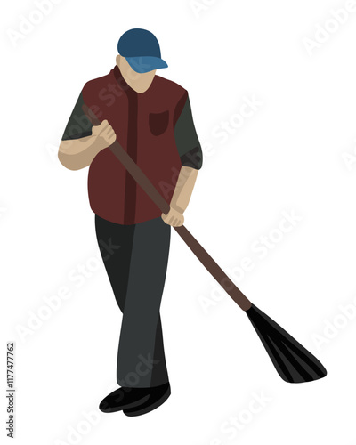 A man in casual attire uses a broom to clean up an outdoor area under clear skies.