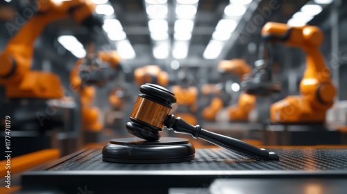 A gavel sits prominently on a workbench with robotic arms in the background, symbolizing the intersection of law and technology. photo