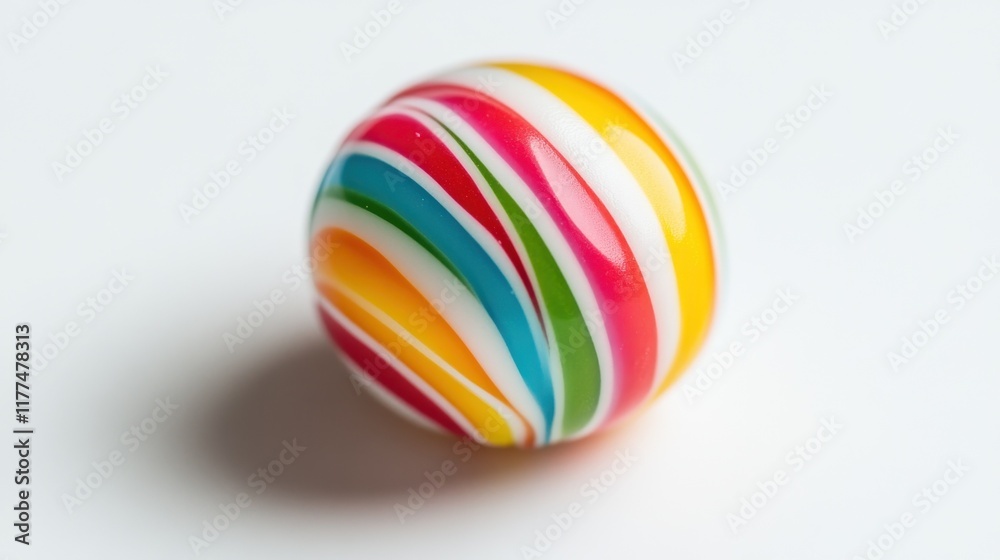 A close-up of a single glossy candy with vibrant stripes, resting on a bright white background. A close-up of a single glossy candy with vibrant stripes, resting on a bright white background.