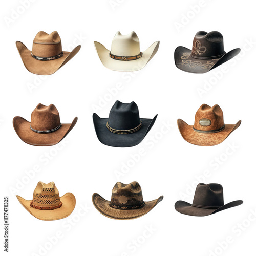 Wallpaper Mural a collection of nine distinct cowboy hats arranged in a 3x3 grid each hat features unique designs. colors. and materials. highlighting the diversity in cowboy hat styles this visual serves as a resour Torontodigital.ca