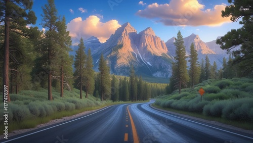 Scenic Mountain Road through Forest in Grand Teton National Park, Wyoming
