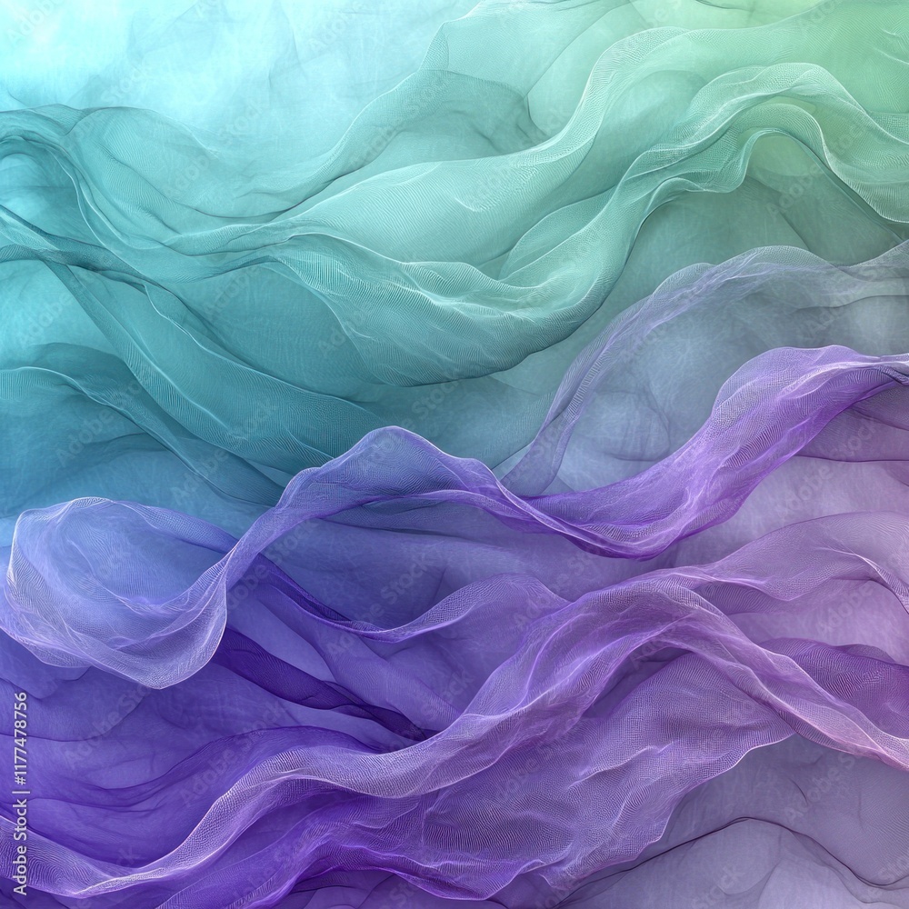 Obraz premium Flowing turquoise and purple sheer fabric waves on gradient background for textile design