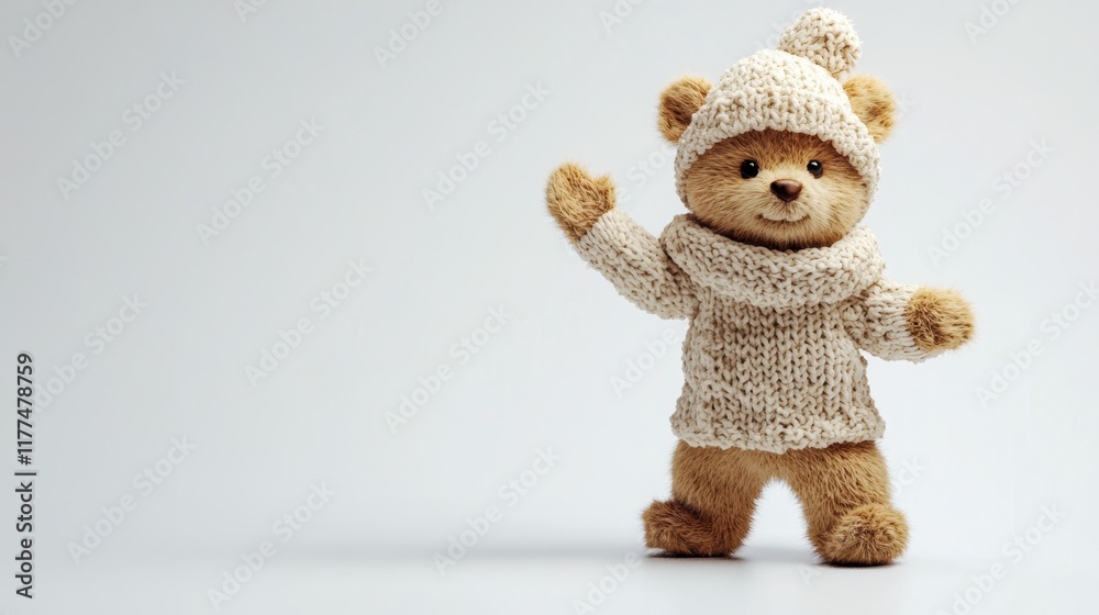 Fototapeta premium A cute little teddy bear with a knitted hat, standing in a pose as if waving, placed against a pure white backdrop.