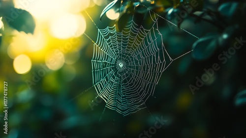 Intricate spider web glistening in morning light among lush greenery