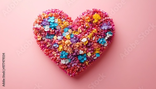 A vibrant, colorful heart shape made from DIY craft materials on a soft pink background, symbolizing love and creativity, highresolution, bright lighting