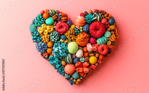 A handmade heart shape with various colorful elements on a pink backdrop, symbolizing love and DIY creativity, playful and romantic, vivid resolution