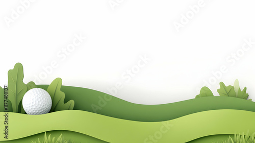 Golf ball on green, paper art style, copy space, nature background; ideal for golf websites, brochures.