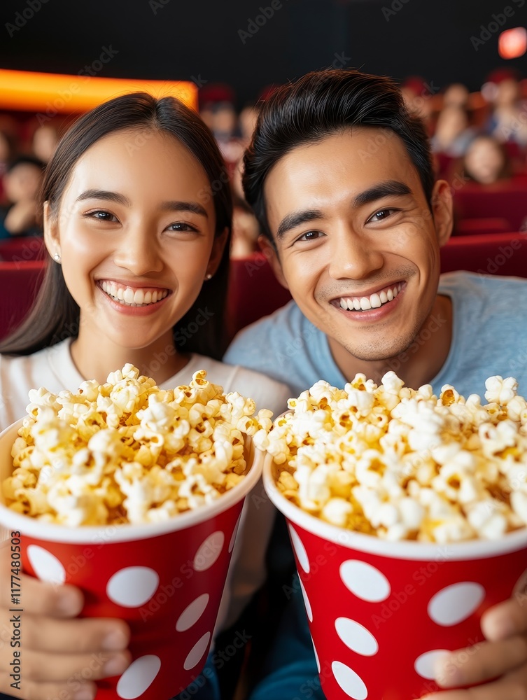 Bright smiles and popcorn shared in a cinema during an enjoyable movie date night with friends Bright smiles and popcorn shared in a cinema during an enjoyable movie date night with friends