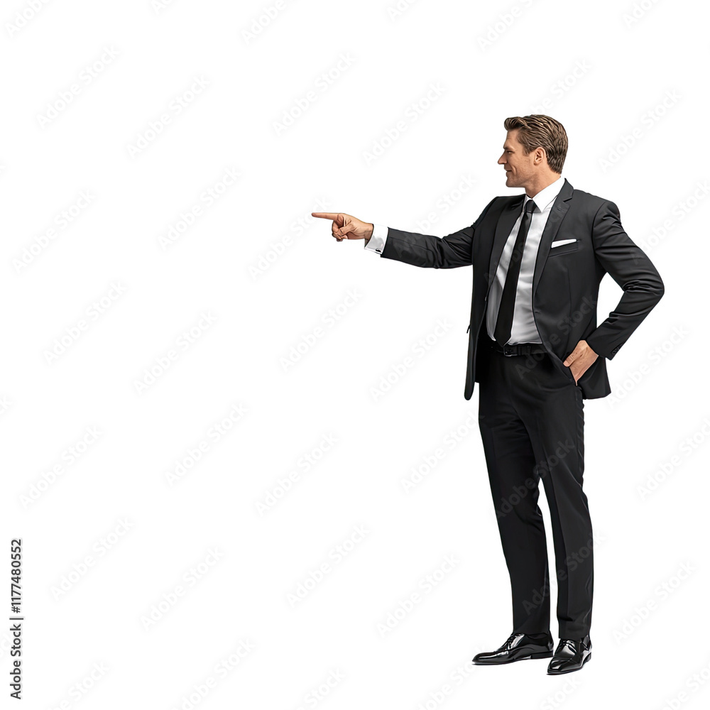 Confident Businessman Pointing, Studio Shot, Black Suit Confident Businessman Pointing, Studio Shot, Black Suit