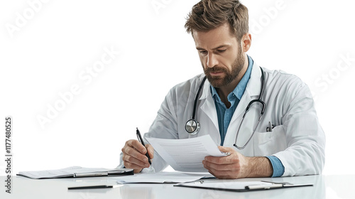 Concentrated Doctor Reviewing Medical Documents at Desk