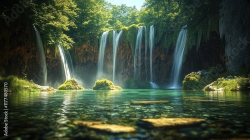 Lush waterfall cascading into a tranquil turquoise pool, surrounded by dense green forest.